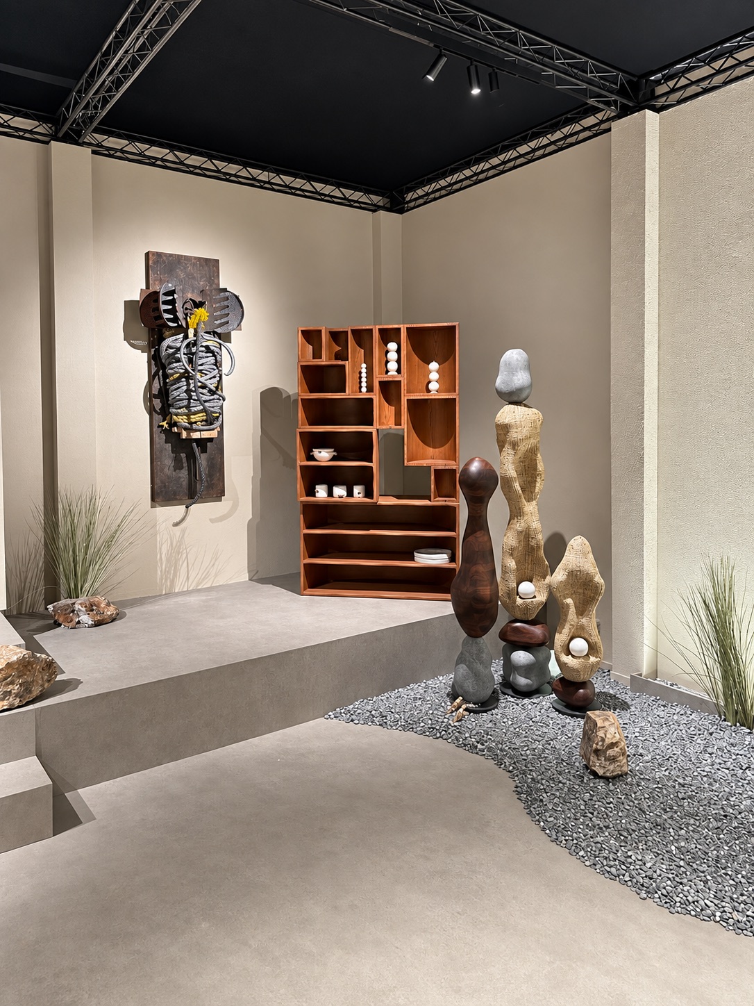 Second view of Art Fair exhibition walls and sculptural objects
