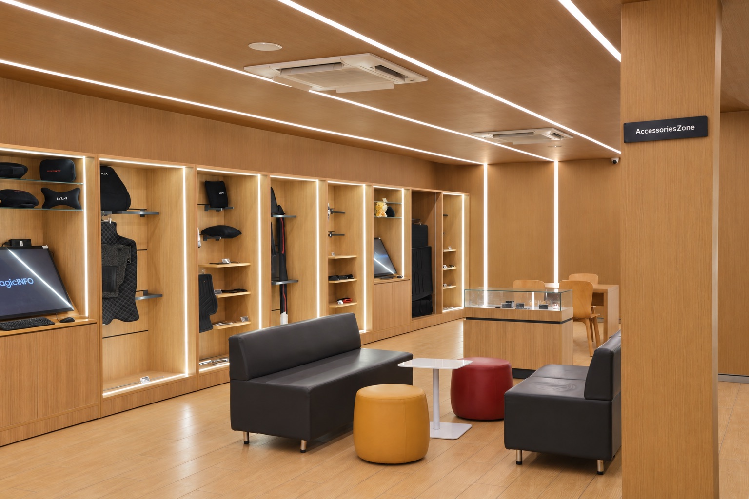 KIA showroom — accessories display and customer lounge.