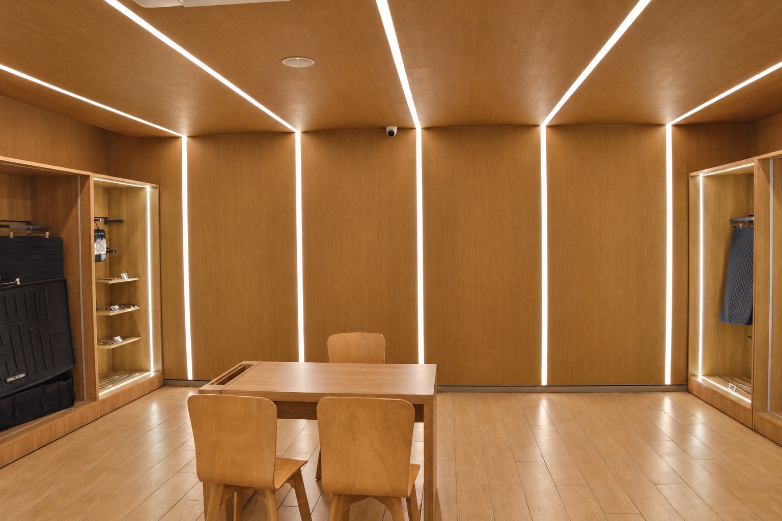 KIA showroom — consultation setting with illuminated wall and ceiling lines.